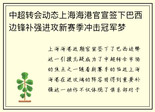 中超转会动态上海海港官宣签下巴西边锋补强进攻新赛季冲击冠军梦